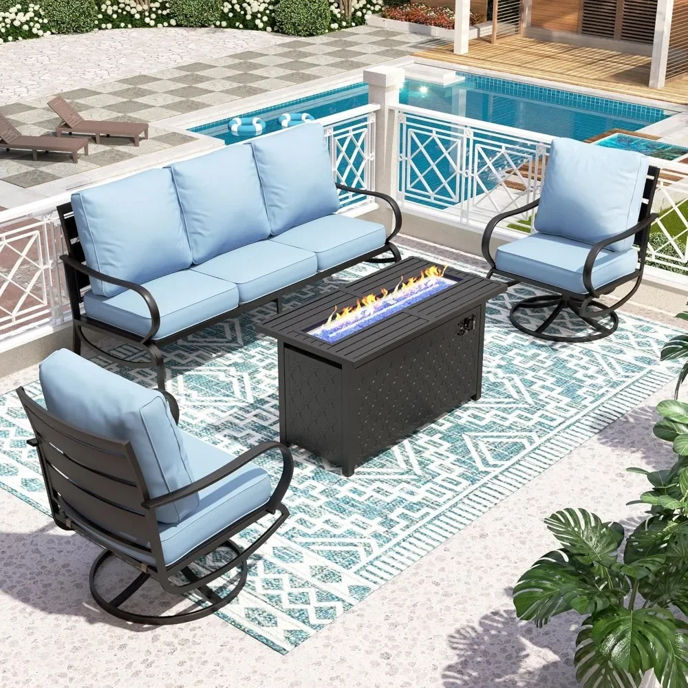 4 Piece Patio Furniture,Metal FirePit Table,1 x 3-Seat Wide Deep Seating Bench & 2 x Swivel Sofa Chairs,Set for 5,Light Blue
4 Piece Patio Furniture,Metal FirePit Table,1 x 3-Seat Wide Deep Seating Bench & 2 x Swivel Sofa Chairs,Set for 5,Light Blue