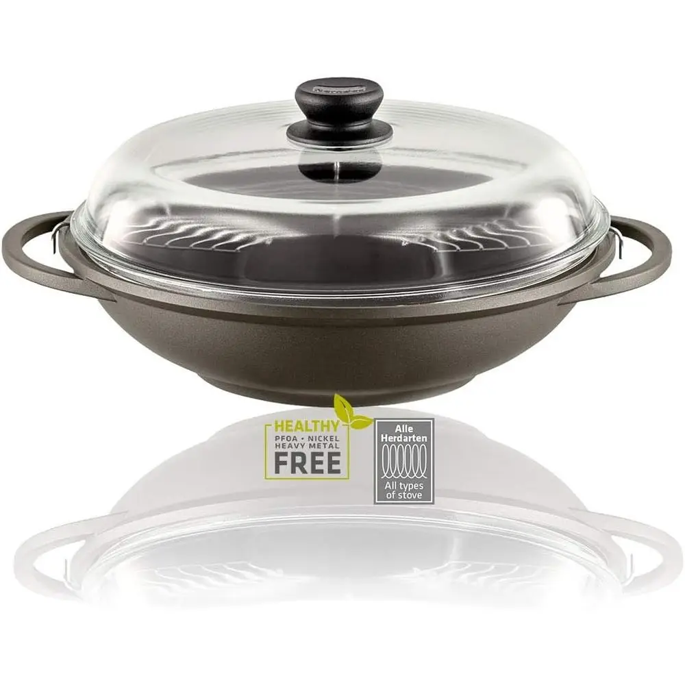 Induction-Ready Aluminum Wok, 5.5L, Glass Lid, Black, Cooking Accessories Included
Induction-Ready Aluminum Wok, 5.5L, Glass Lid, Black, Cooking Accessories Included
