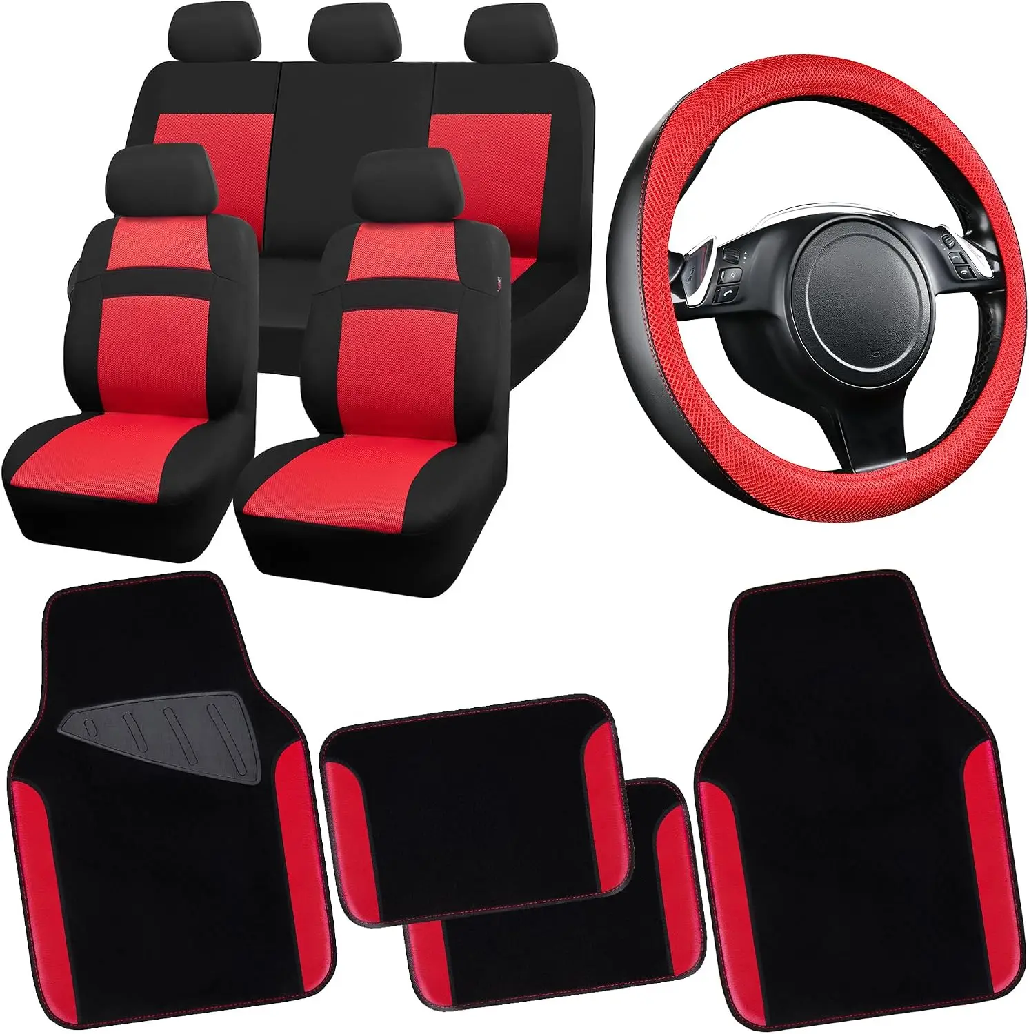 3D Air Mesh Car Seat Covers Full Set with Floor Mats & Steering Wheel Cover, Universal Fit for SUV Sedan Truck, Airbag Compatible (Black & Red)
3D Air Mesh Car Seat Covers Full Set with Floor Mats & Steering Wheel Cover, Universal Fit for SUV Sedan Truck, Airbag Compatible (Black & Red)