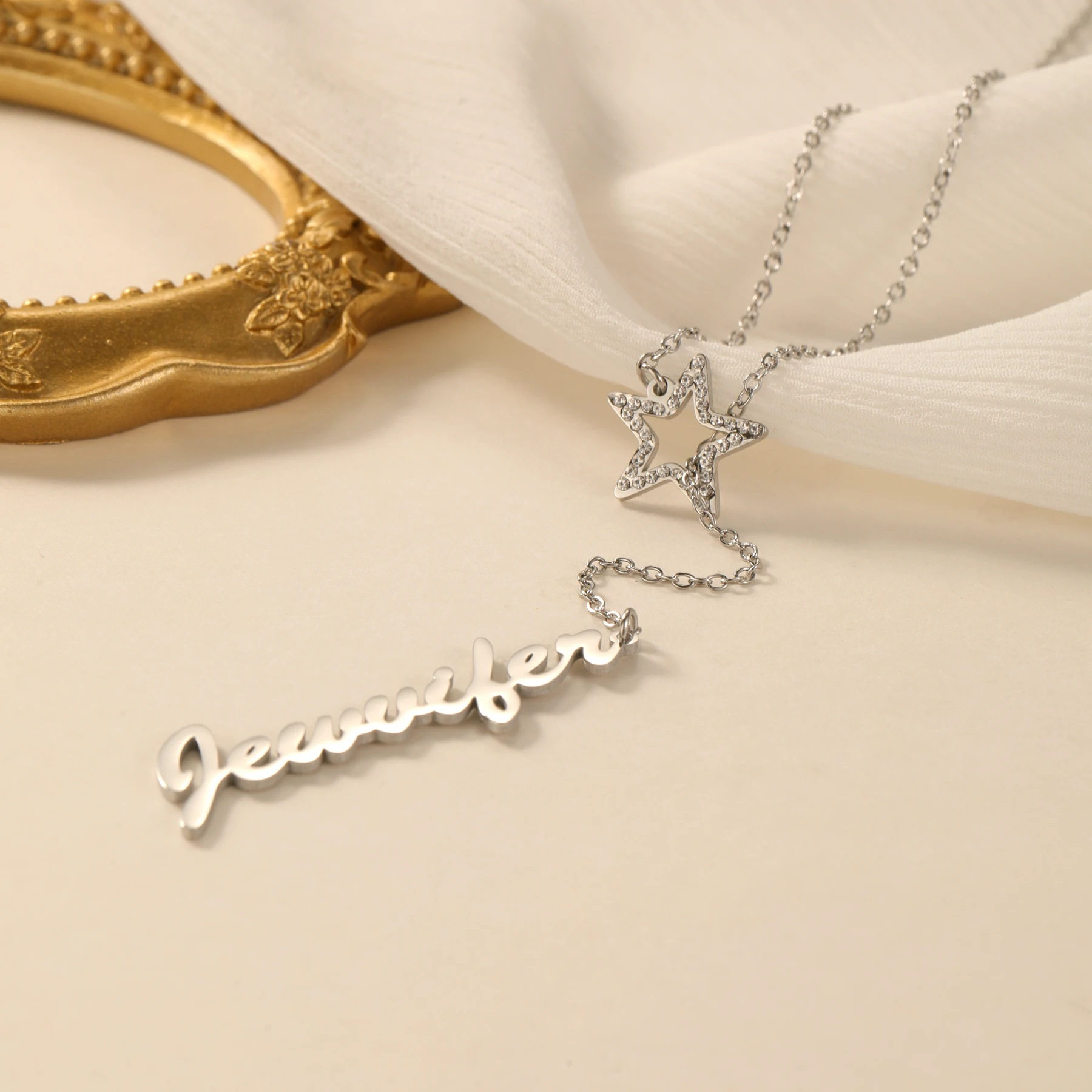 Custom Name Pendant Threaded Through Diamond-Cut Star Y-Shaped Necklace Adjustable Length Stainless Steel 18K Gold Plated
Custom Name Pendant Threaded Through Diamond-Cut Star Y-Shaped Necklace Adjustable Length Stainless Steel 18K Gold Plated