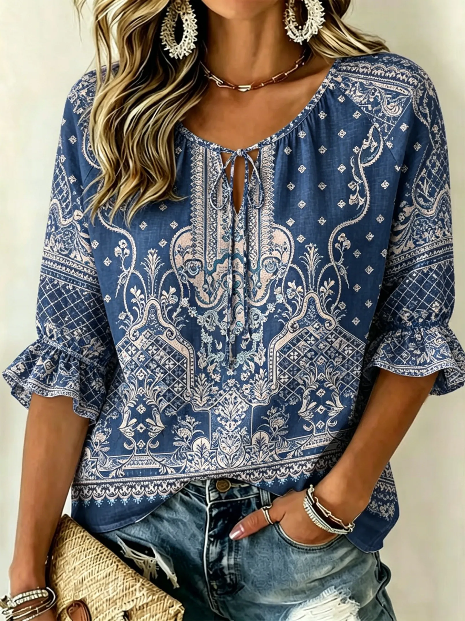 Women's Spring Summer Casual Blouse, Blue Ethnic Geometric Print Tops for Daily Street Holiday Dating & Leisure Outfit
Women's Spring Summer Casual Blouse, Blue Ethnic Geometric Print Tops for Daily Street Holiday Dating & Leisure Outfit