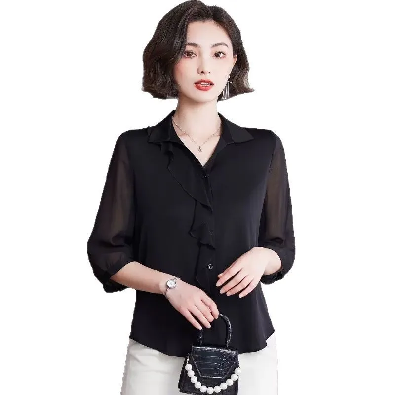 Black Satin Shirt for Women 2025 New Fashion Quarter Sleeve Shirt Chiffon Shirt Top
Black Satin Shirt for Women 2025 New Fashion Quarter Sleeve Shirt Chiffon Shirt Top