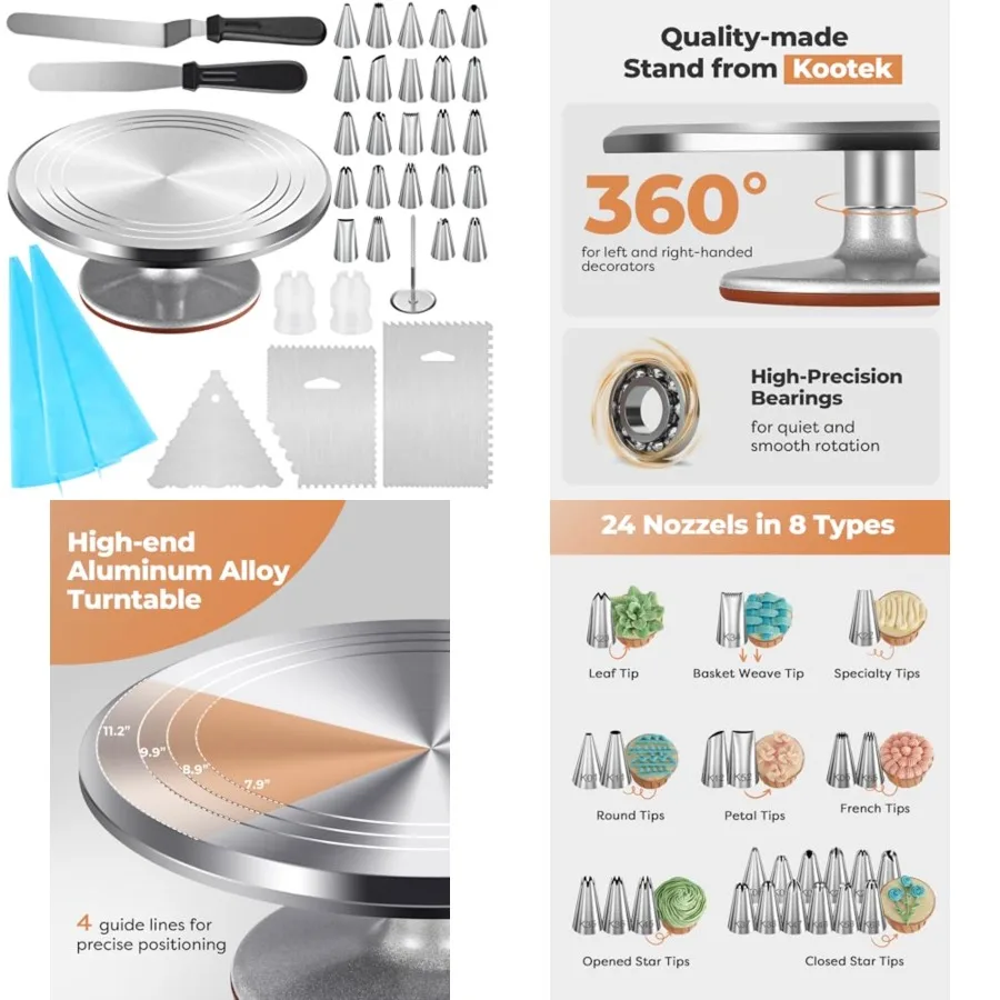 Aluminium Cake Turntable, 12 Inch Rotating Cake Stand, 35 pcs Cake Decorating Kit Supplies with 24 Numbered Icing Piping Tips,
Aluminium Cake Turntable, 12 Inch Rotating Cake Stand, 35 pcs Cake Decorating Kit Supplies with 24 Numbered Icing Piping Tips,
