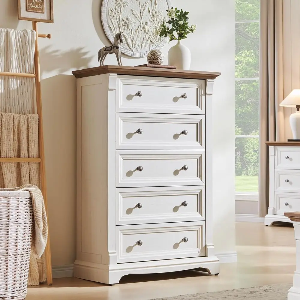 Farmhouse 5 Drawer Dresser for Bedroom, 47" Tall Wood Dresser with Ample Storage Space and Rustic Charm, Antique White
Farmhouse 5 Drawer Dresser for Bedroom, 47" Tall Wood Dresser with Ample Storage Space and Rustic Charm, Antique White