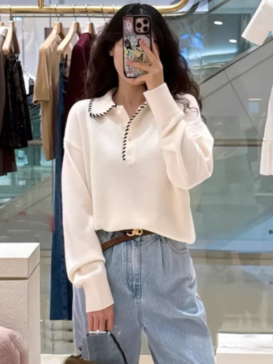 Women Contrast Color Knitted Pullover Front Buttons Turn-down Collar Long Sleeve Fashion Sweater
Women Contrast Color Knitted Pullover Front Buttons Turn-down Collar Long Sleeve Fashion Sweater