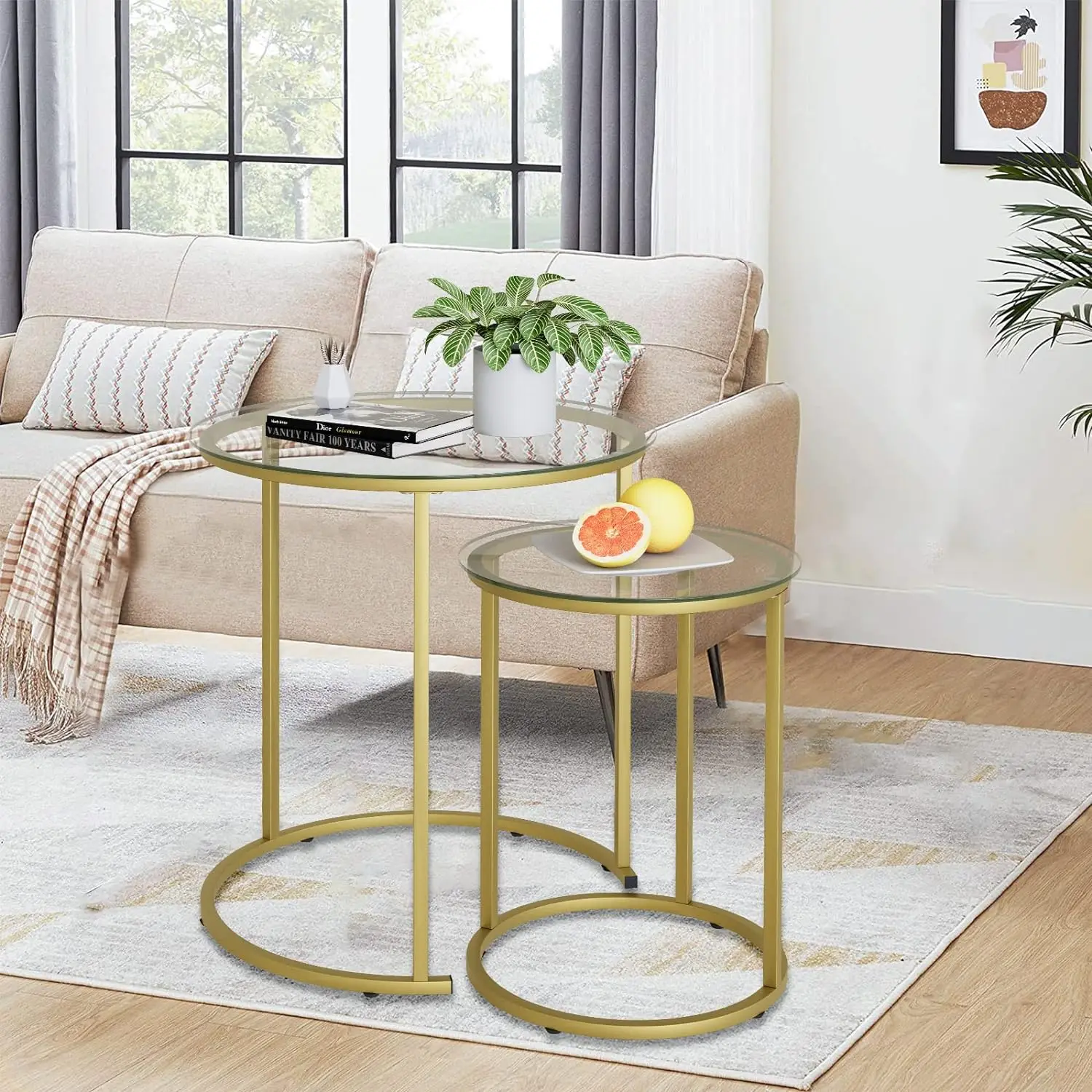 Nesting Coffee Table Set of 2,Modern Gold Tempered Glass Side Table, Metal Frame Round End Table.Small Glass Tea Table
Nesting Coffee Table Set of 2,Modern Gold Tempered Glass Side Table, Metal Frame Round End Table.Small Glass Tea Table
