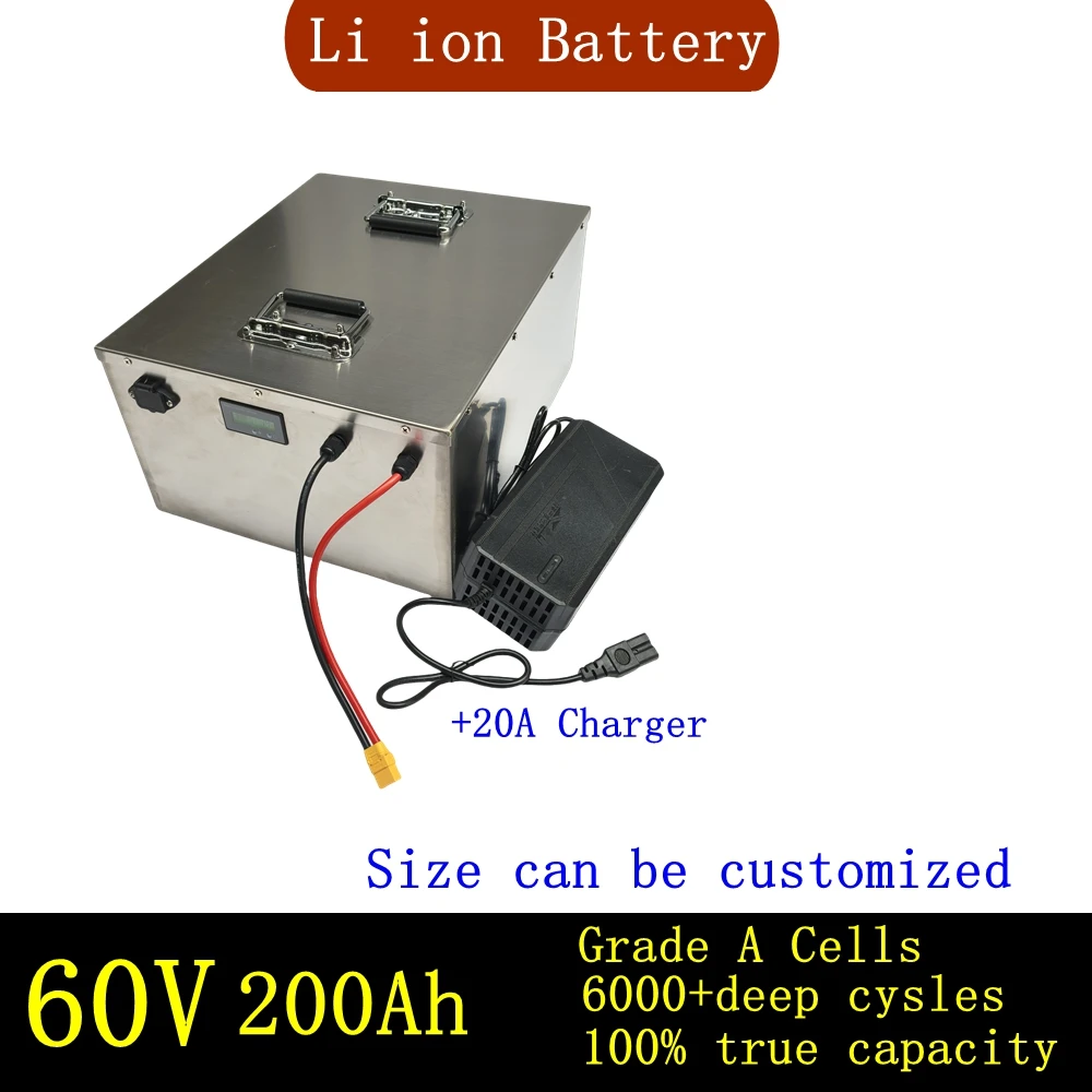 Lithium ion 60V 200AH li ion bateria for 7200w scooter Forklift sweeper tricycle Sightseeing car Tricycle AGV +10A Charger
Lithium ion 60V 200AH li ion bateria for 7200w scooter Forklift sweeper tricycle Sightseeing car Tricycle AGV +10A Charger