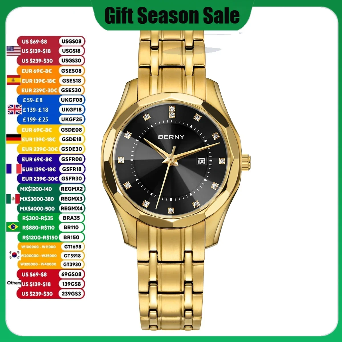 BERNY Watch for Women Wristwatch Waterproof Golden Clock Quartz Stainless Steel Fashion Men Ladies Watch
BERNY Watch for Women Wristwatch Waterproof Golden Clock Quartz Stainless Steel Fashion Men Ladies Watch