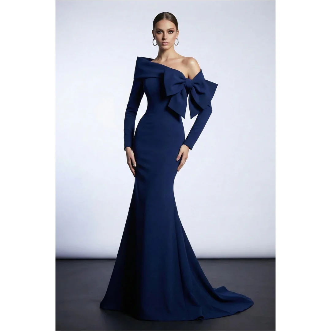 Elegant Navy Blue Mermaid Prom Gowns Off Shoulder Women Evening Dress for Formal Sweep Train Party Outfit with Bow Customized
Elegant Navy Blue Mermaid Prom Gowns Off Shoulder Women Evening Dress for Formal Sweep Train Party Outfit with Bow Customized