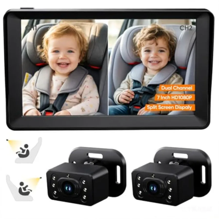 Car baby monitor for 2 kids: 7 HD 1080P split screen with dual backseat cameras, 150 wide angle, 360 rotation, infrared night v
Car baby monitor for 2 kids: 7 HD 1080P split screen with dual backseat cameras, 150 wide angle, 360 rotation, infrared night v