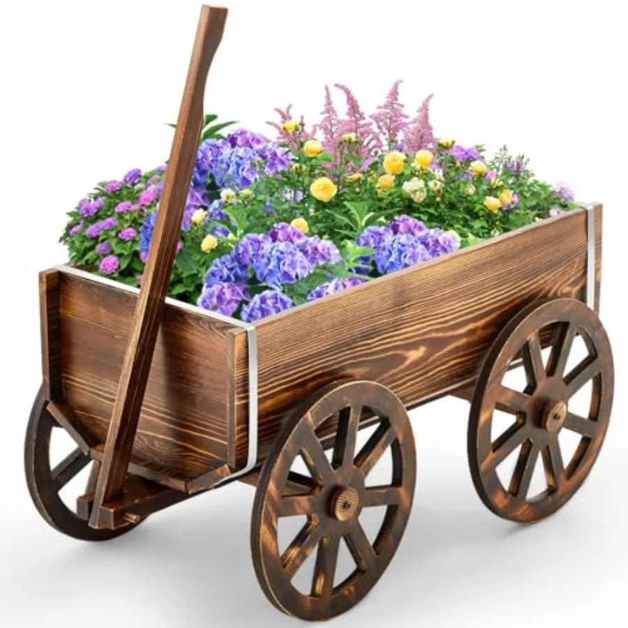 Wooden wagon flower planter cart for home garden, outdoor, balcony, patio use; brown wood; sturdy wagon wheels, decorative yet
Wooden wagon flower planter cart for home garden, outdoor, balcony, patio use; brown wood; sturdy wagon wheels, decorative yet