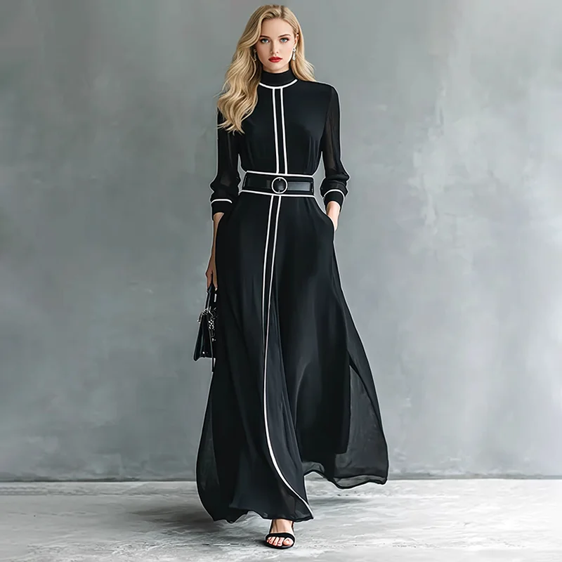 Women Maxi Dresses 2026 Spring Summer Fashion Contrasting High Neck Long Sleeved Pocket Design Mesh Chiffon Party Dress
Women Maxi Dresses 2026 Spring Summer Fashion Contrasting High Neck Long Sleeved Pocket Design Mesh Chiffon Party Dress