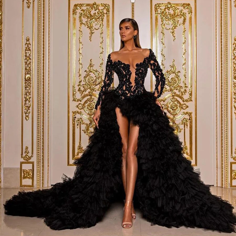 Black Luxury Elegant Evening Dresses Long Sleeves Sequins Appliques Ruffles Hi-Lo Tulle Women Prom Pageant Gowns Custom Made
Black Luxury Elegant Evening Dresses Long Sleeves Sequins Appliques Ruffles Hi-Lo Tulle Women Prom Pageant Gowns Custom Made