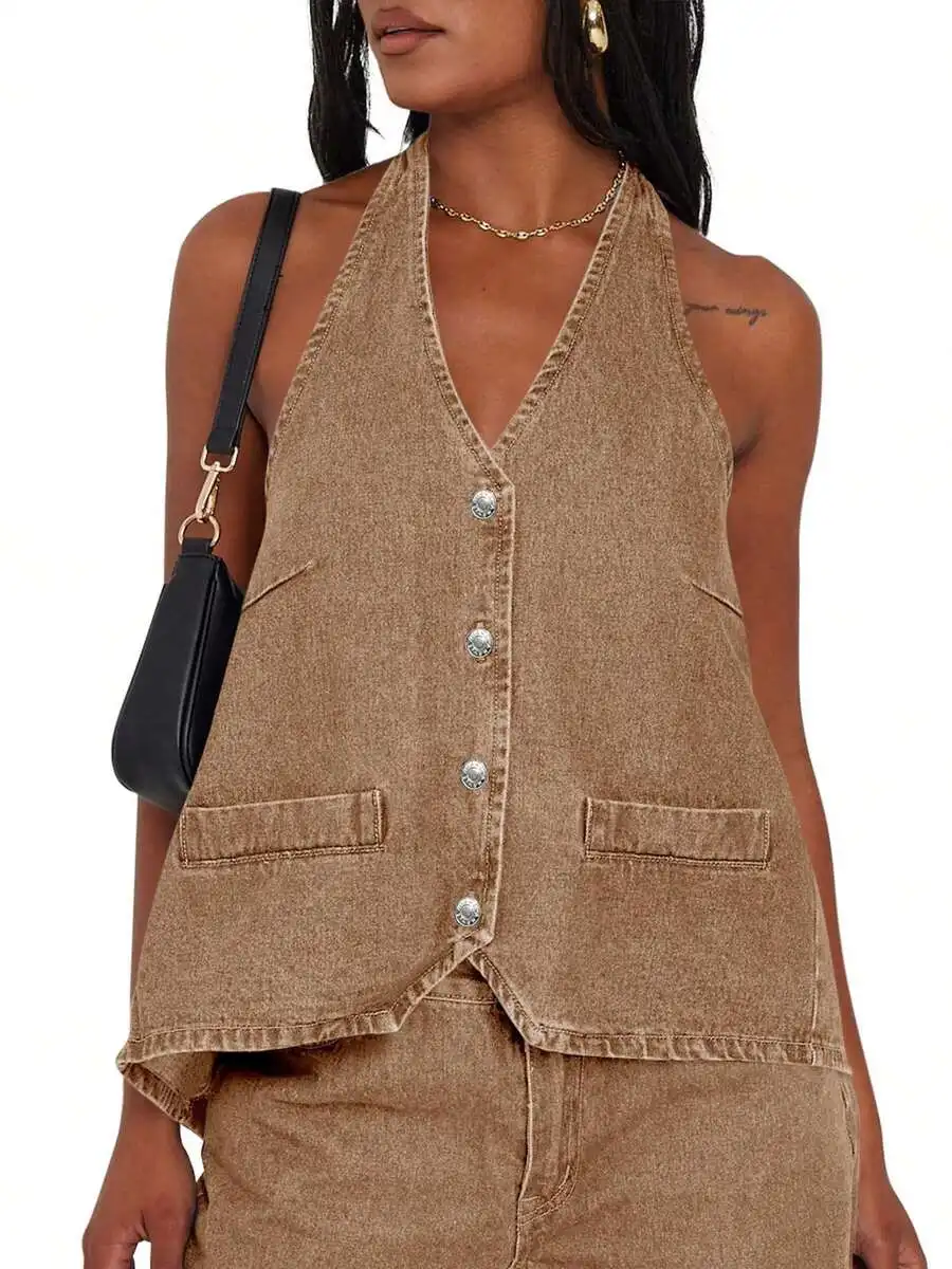 Womens Cropped Denim Vest Sleeveless Halter Neck Button Front Casual Outerwear
Womens Cropped Denim Vest Sleeveless Halter Neck Button Front Casual Outerwear