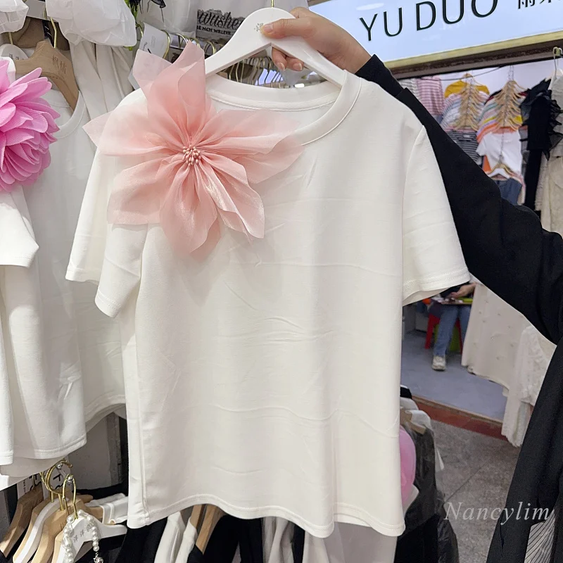 Three-Dimensional Flower Round Neck Short-Sleeved T-shirt Woman 2024 Summer Korean Style Straight Casual Stretch Top White Tees
Three-Dimensional Flower Round Neck Short-Sleeved T-shirt Woman 2024 Summer Korean Style Straight Casual Stretch Top White Tees