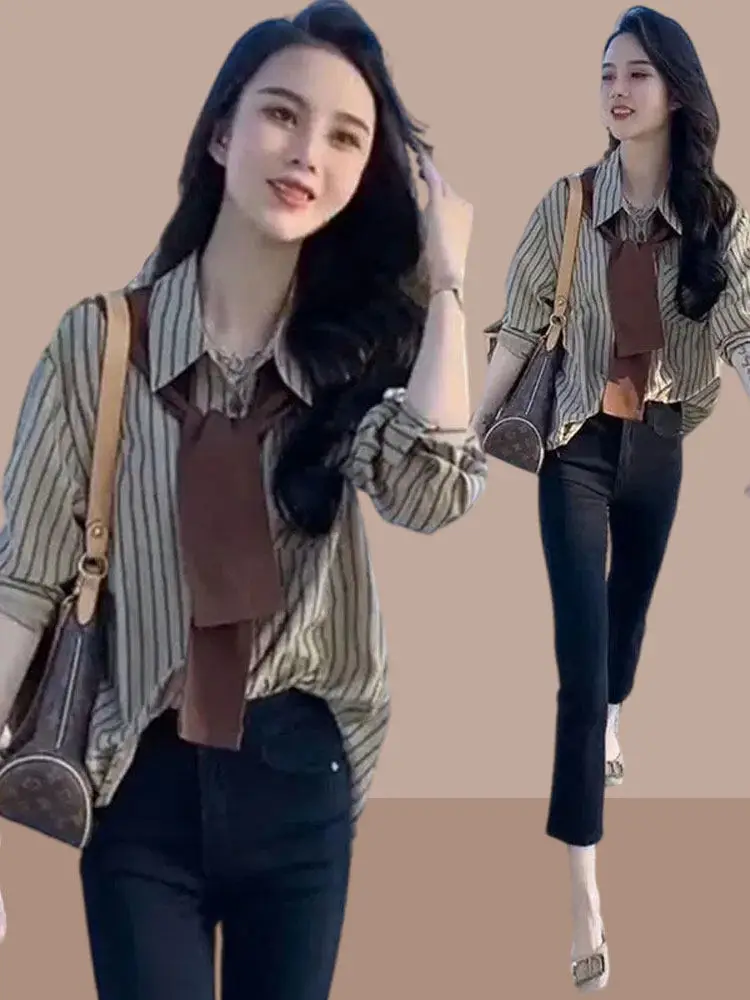 Повседневная женская рубашка в полоску с длинным рукавом, весна-осень, новая модель, имитация двухслойности, стройнящая, скрывающая живот, с открытыми плечами...
Повседневная женская рубашка в полоску с длинным рукавом, весна-осень, новая модель, имитация двухслойности, стройнящая, скрывающая живот, с открытыми плечами...