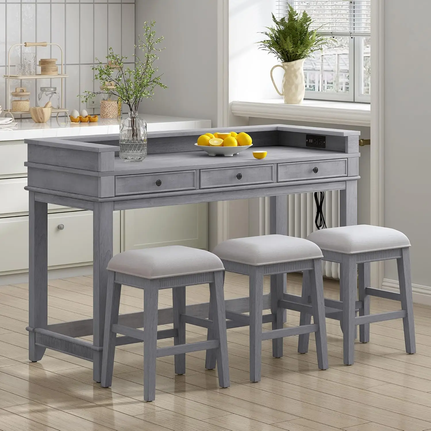 4 Piece Dining Bar Tabel Set, Counter Height Kitchen Table Set With 3 Upholstered Stools, 3 Storage Drawers, Usb Ports And
4 Piece Dining Bar Tabel Set, Counter Height Kitchen Table Set With 3 Upholstered Stools, 3 Storage Drawers, Usb Ports And