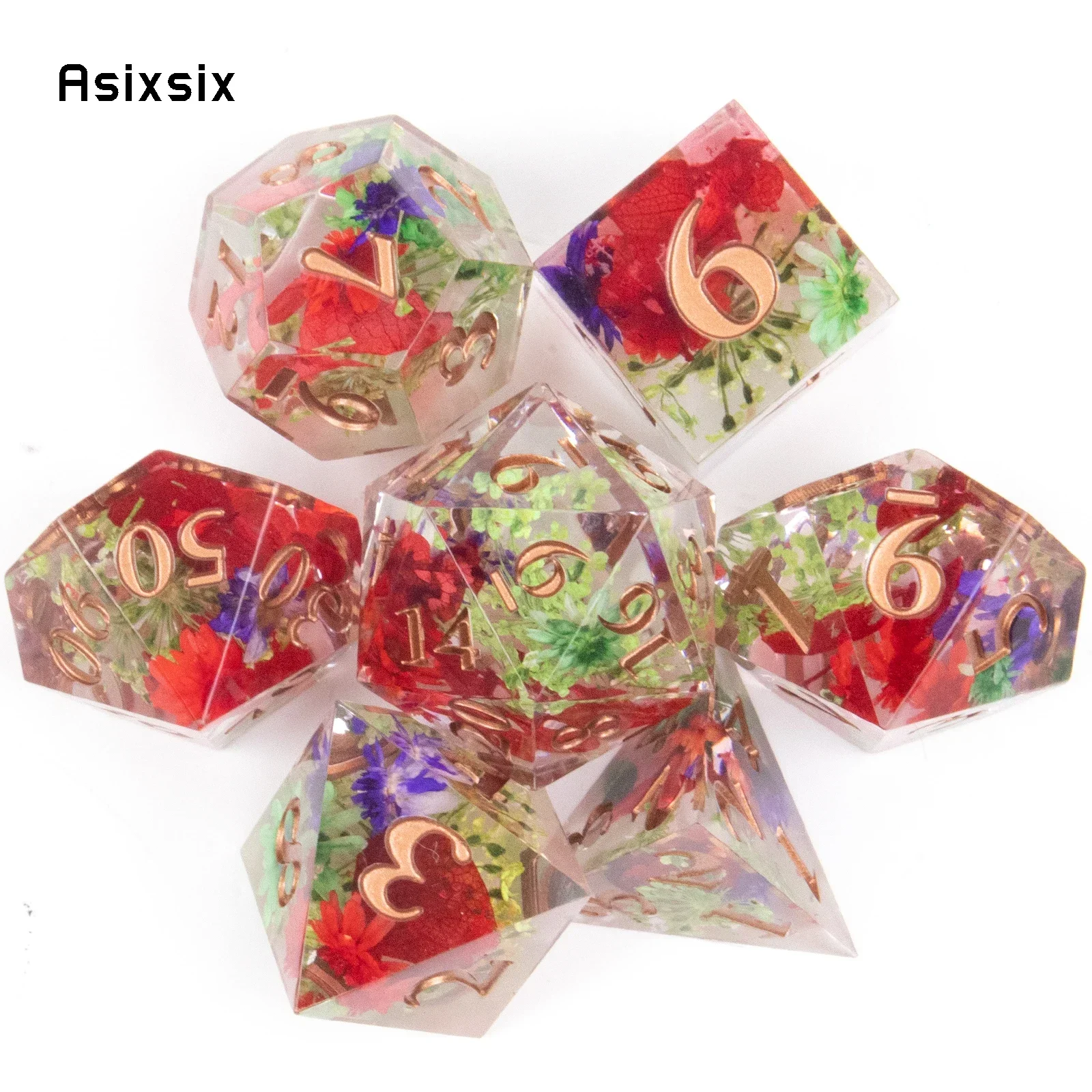 7 Pcs Red Colorful Flower Leaf Resin Golden Number Sharp Edge Dice Polyhedral Dice Suitable For Role-Playing RPGGift
7 Pcs Red Colorful Flower Leaf Resin Golden Number Sharp Edge Dice Polyhedral Dice Suitable For Role-Playing RPGGift