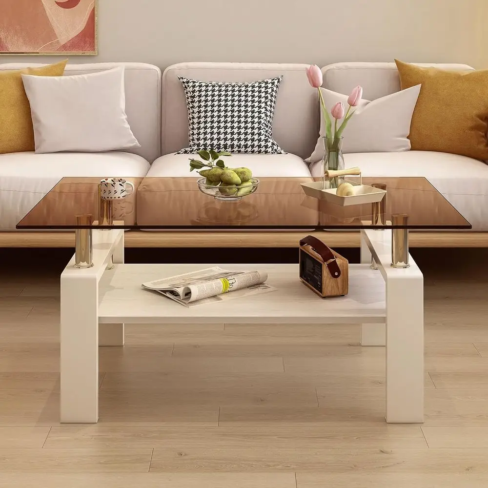 2-Tier Coffee Table with Smoked Glass, Wooden Shelf, Stainless Steel Pillars, Metal Legs, Brown & Light Natural White Finish
2-Tier Coffee Table with Smoked Glass, Wooden Shelf, Stainless Steel Pillars, Metal Legs, Brown & Light Natural White Finish