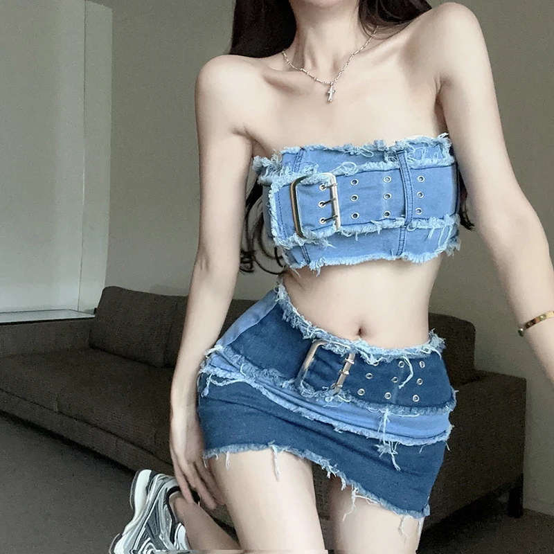 2 Pieces Set Y2K Spring Summer Denim Skirts Set Women Streetwear Fashion Patchwork Crop Top And Mini Skirt Sexy Set for Female
2 Pieces Set Y2K Spring Summer Denim Skirts Set Women Streetwear Fashion Patchwork Crop Top And Mini Skirt Sexy Set for Female