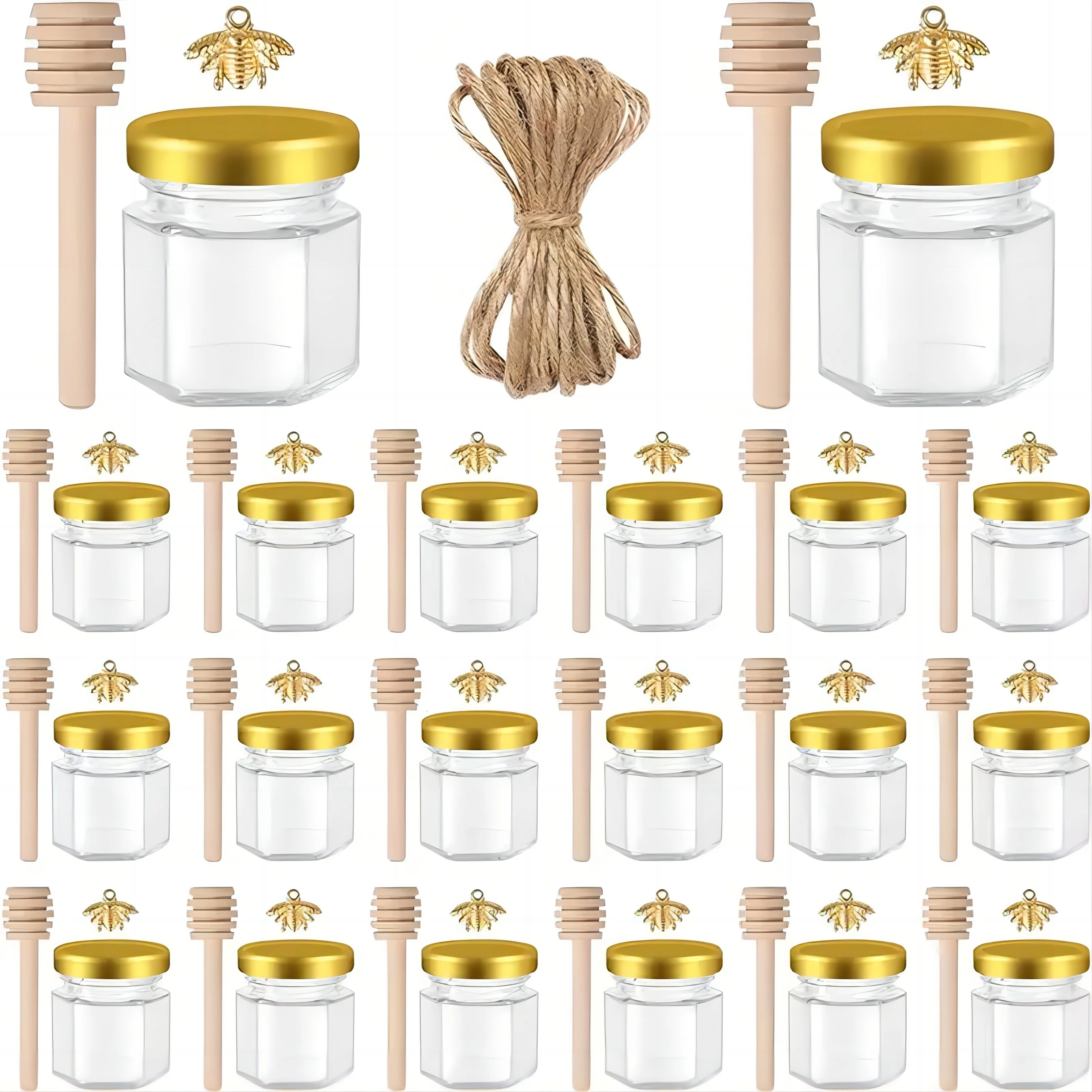 1.5 Oz Hexagon Mini Glass Honey Jars With Wood Dipper, Bee Pendants And Jutes, For Baby Shower, Wedding Favors, Party Favors
1.5 Oz Hexagon Mini Glass Honey Jars With Wood Dipper, Bee Pendants And Jutes, For Baby Shower, Wedding Favors, Party Favors