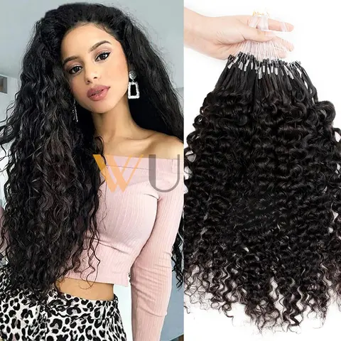Natural Black Micro Loop Hair Extensions Water Wave Curly Natural Black Remy Human Hair 50pcs/pack Micro Link Ring Hair