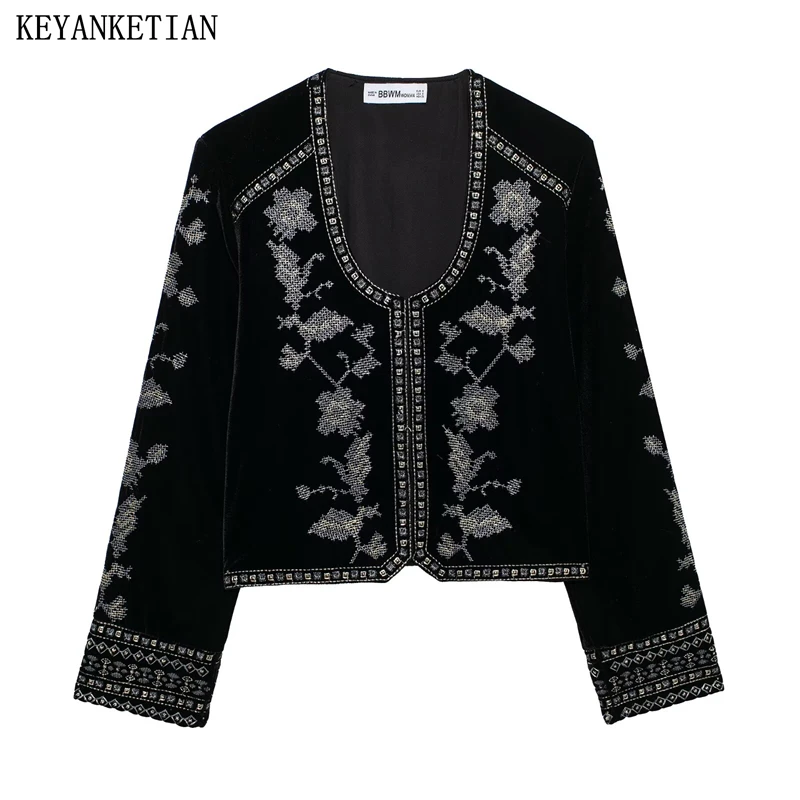 KEYANKETIAN 2025 Spring New Ethnic style Embroidery Decoration Cropped Velvet Coat Women's O-Neck Long Sleeve Sheath Blazer Top
KEYANKETIAN 2025 Spring New Ethnic style Embroidery Decoration Cropped Velvet Coat Women's O-Neck Long Sleeve Sheath Blazer Top