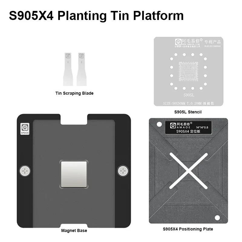 AMAOE S905X4 S905X Набор оловянной платформы для посадки для S905L/905Z IC Сильная магнитная позиционная пластина Шаблон трафарета для реболлинга BGA
AMAOE S905X4 S905X Набор оловянной платформы для посадки для S905L/905Z IC Сильная магнитная позиционная пластина Шаблон трафарета для реболлинга BGA