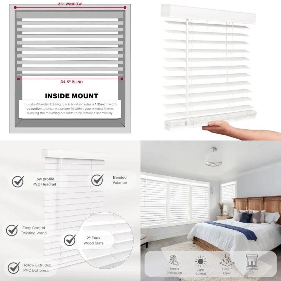 Cordless Faux Wood Blinds, 35" Wide x 60" Long, Smooth, Snow White, 2 Inch Horizontal Blinds – for Living Room, Bedroom, Interior Door Windows
Cordless Faux Wood Blinds, 35" Wide x 60" Long, Smooth, Snow White, 2 Inch Horizontal Blinds – for Living Room, Bedroom, Interior Door Windows