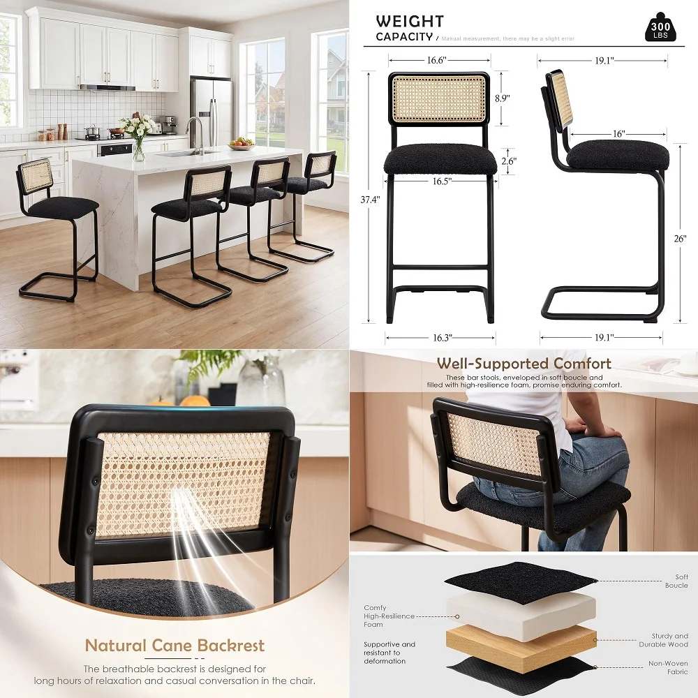 Rattan Barstools Set of 4, MidCentury Modern Upholstered Counter Height Bar Chairs with Cantilevered Design and Metal Base for
Rattan Barstools Set of 4, MidCentury Modern Upholstered Counter Height Bar Chairs with Cantilevered Design and Metal Base for