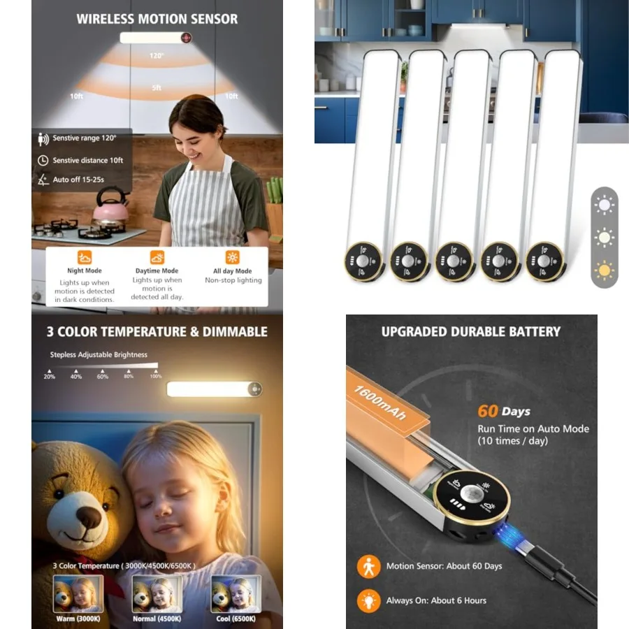 50 LED Motion Sensor Under Cabinet Lighting, 3-Color Dimmable, Rechargeable 1600mAh Battery, Digital Display, 0 Inch Wireless C
50 LED Motion Sensor Under Cabinet Lighting, 3-Color Dimmable, Rechargeable 1600mAh Battery, Digital Display, 0 Inch Wireless C