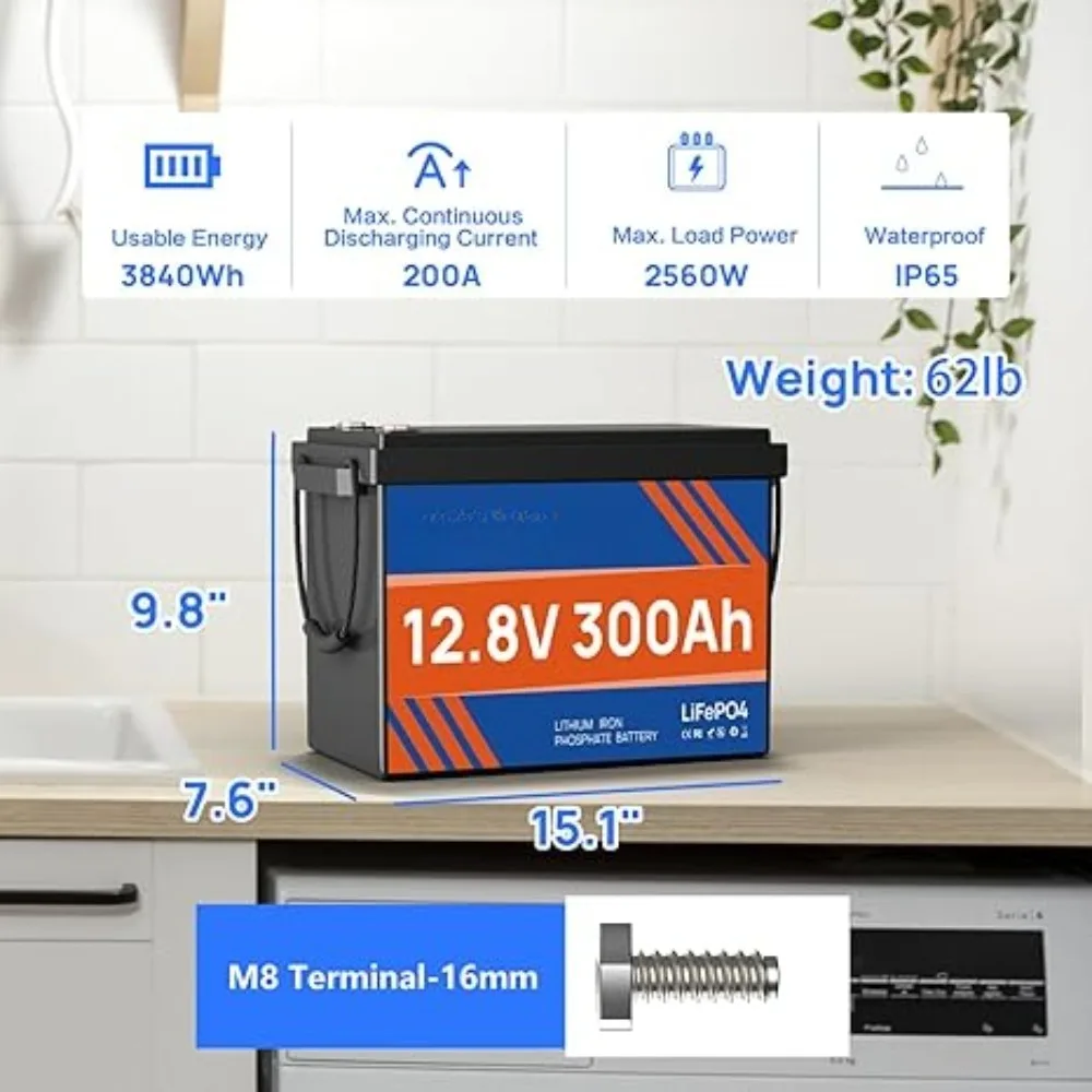 12V 300Ah LiFePO4 Lithium Battery, Smart 200A BMS Low Temp Protection Rechargeable Battery, 10000+ Deep Cycle Lithium Iron
12V 300Ah LiFePO4 Lithium Battery, Smart 200A BMS Low Temp Protection Rechargeable Battery, 10000+ Deep Cycle Lithium Iron