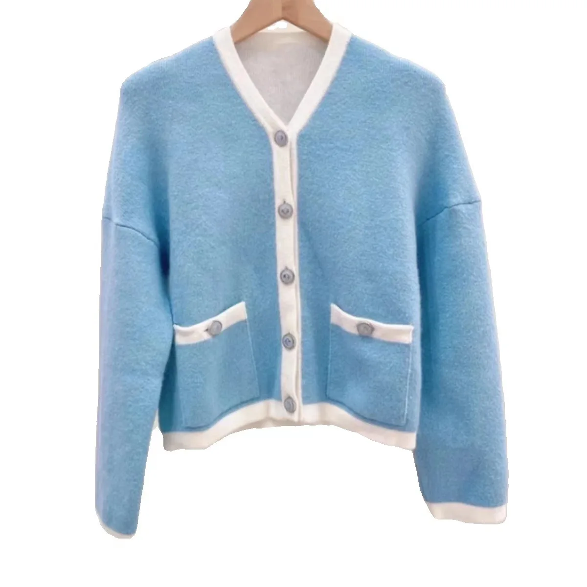 Women Blue Knit Cardigan Contrast Color Long Sleeve Single Breasted Short Sweater Coat with Pockets
Women Blue Knit Cardigan Contrast Color Long Sleeve Single Breasted Short Sweater Coat with Pockets