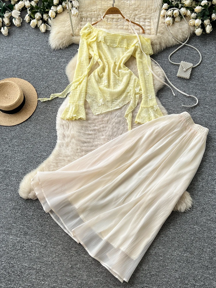 Women's V-neck Tulle Skirt Set Summer Vacation Style Bell Sleeve High Waist Slimming Fairy-like Two-piece Autumn Outfit
Women's V-neck Tulle Skirt Set Summer Vacation Style Bell Sleeve High Waist Slimming Fairy-like Two-piece Autumn Outfit