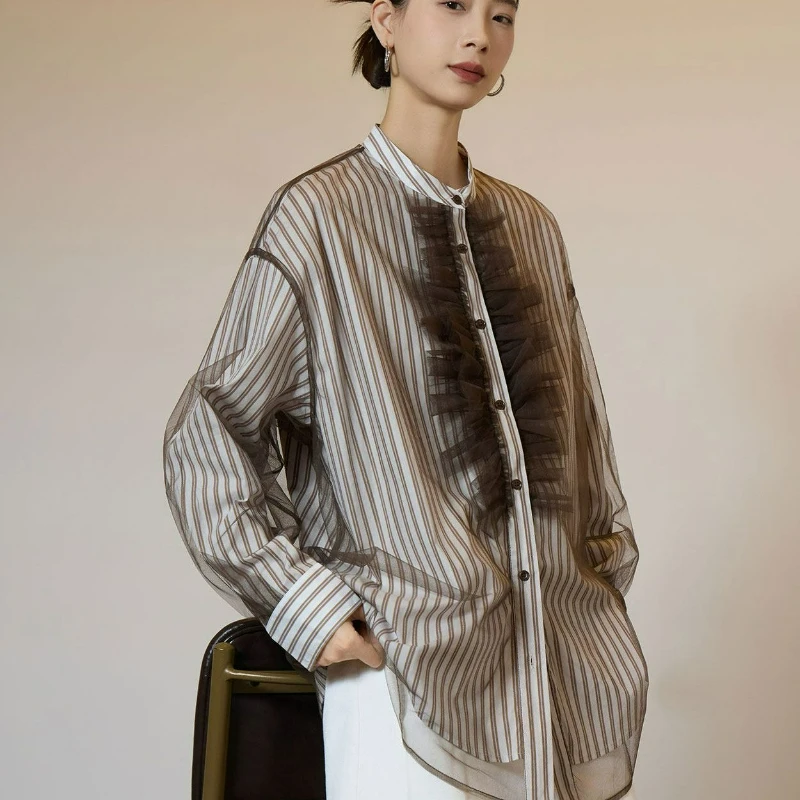 Retro Striped Mesh Patchwork Shirt for Women 2026 Spring Fashionable Temperament Versatile Design Casual Loose Fit Slimming Top
Retro Striped Mesh Patchwork Shirt for Women 2026 Spring Fashionable Temperament Versatile Design Casual Loose Fit Slimming Top