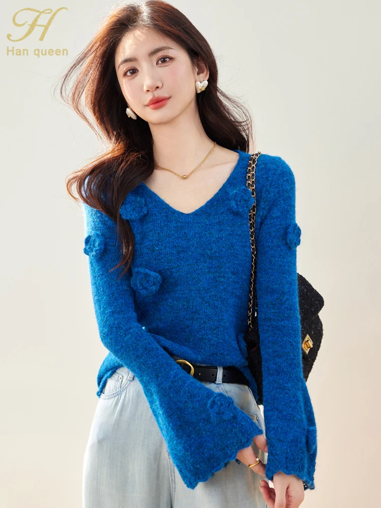H Han Queen Autumn Winner Female Clothing Korean V-Neck Chic Basic Fashion Pullover Sweaters Flare Sleeve Casual Women's Tops
H Han Queen Autumn Winner Female Clothing Korean V-Neck Chic Basic Fashion Pullover Sweaters Flare Sleeve Casual Women's Tops