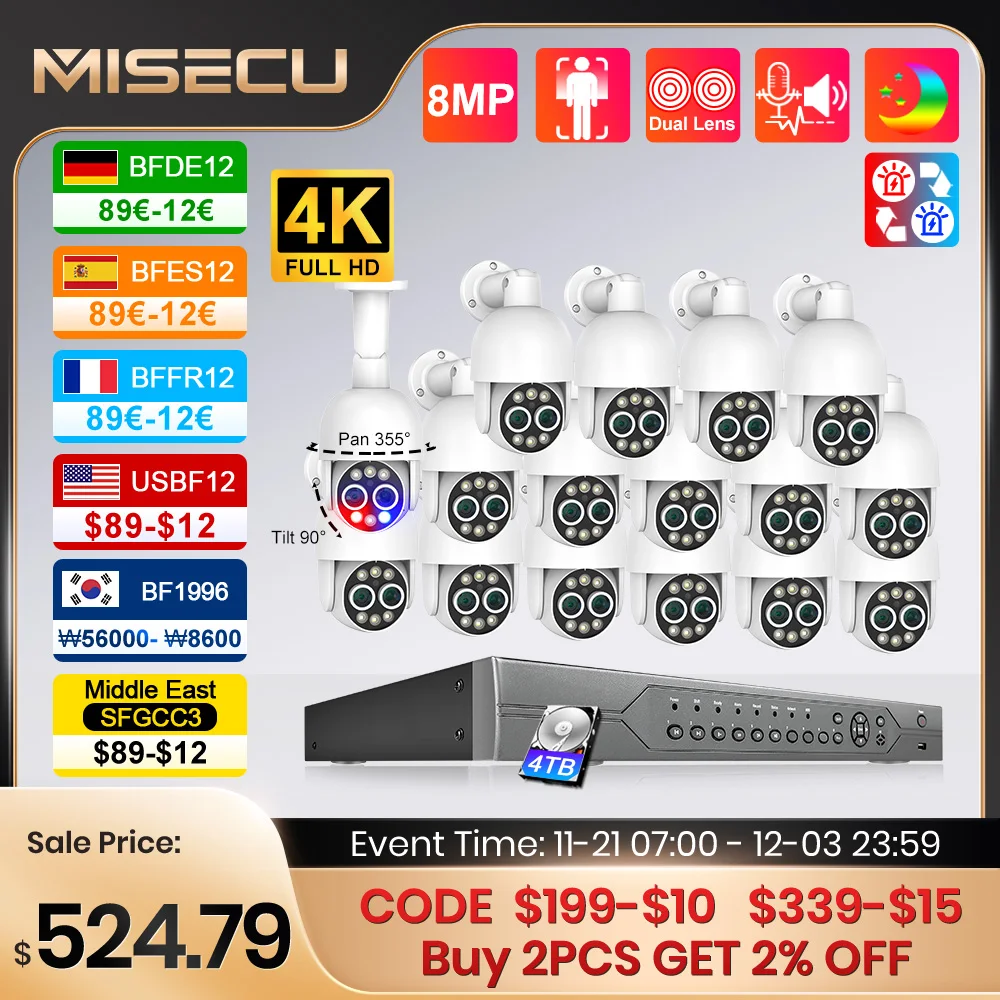 MISECU 4K 16CH PTZ Dual Lens 8X Hybrid Zoom POE Security System 8MP Outdoor Color Vision Record CCTV Surveillance Protection Kit
MISECU 4K 16CH PTZ Dual Lens 8X Hybrid Zoom POE Security System 8MP Outdoor Color Vision Record CCTV Surveillance Protection Kit