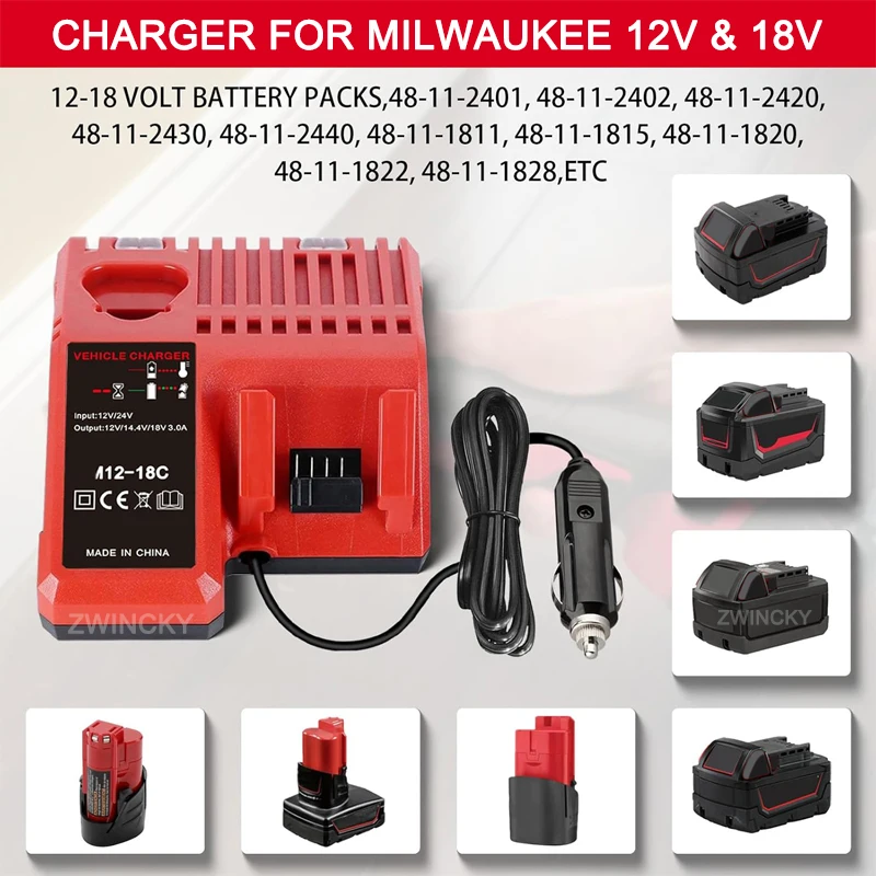 for Milwaukee 12V 14.4V 18V Li-ion Battery Vehicle Charger Car Charger With LED Indicator Cigarette Lighter Plug for 48-11-2401
for Milwaukee 12V 14.4V 18V Li-ion Battery Vehicle Charger Car Charger With LED Indicator Cigarette Lighter Plug for 48-11-2401