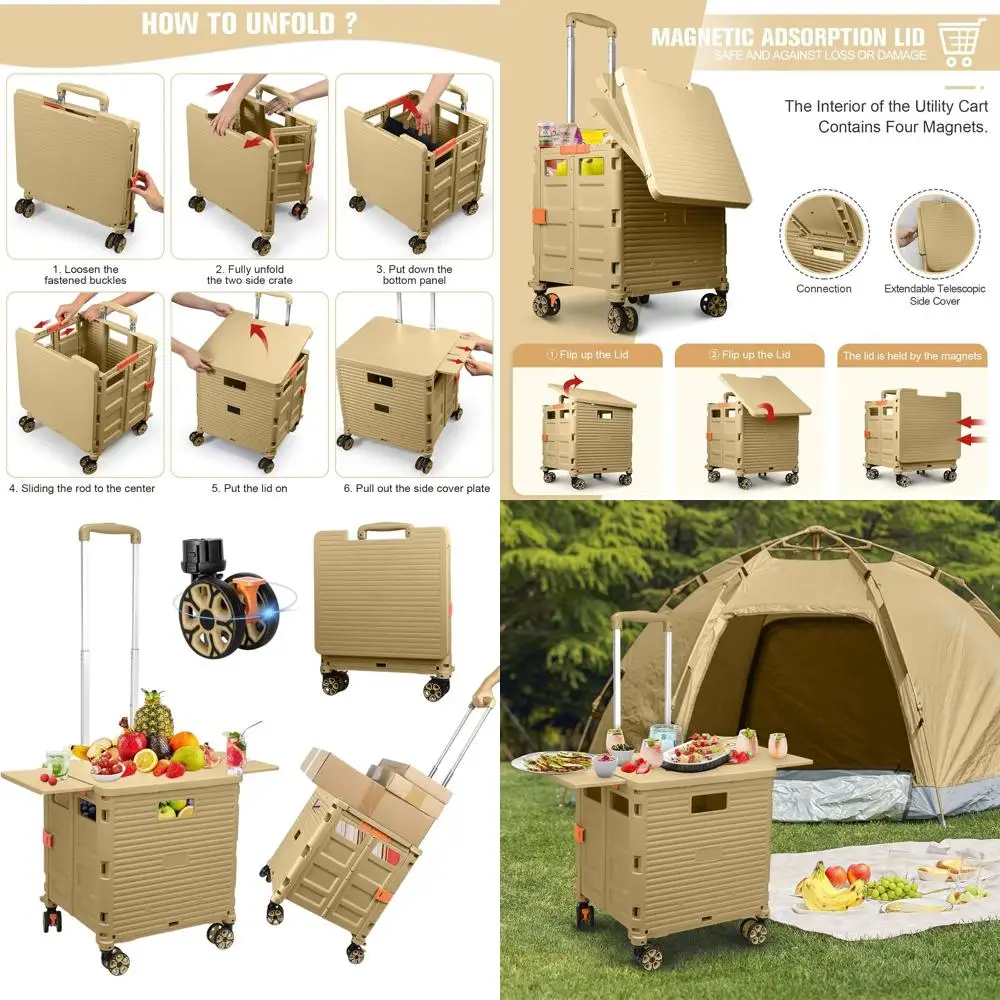 Portable Folding Utility Cart with Magnetic Lid, Telescoping Handle, and 360° Swivel Wheels for Various Uses
Portable Folding Utility Cart with Magnetic Lid, Telescoping Handle, and 360° Swivel Wheels for Various Uses