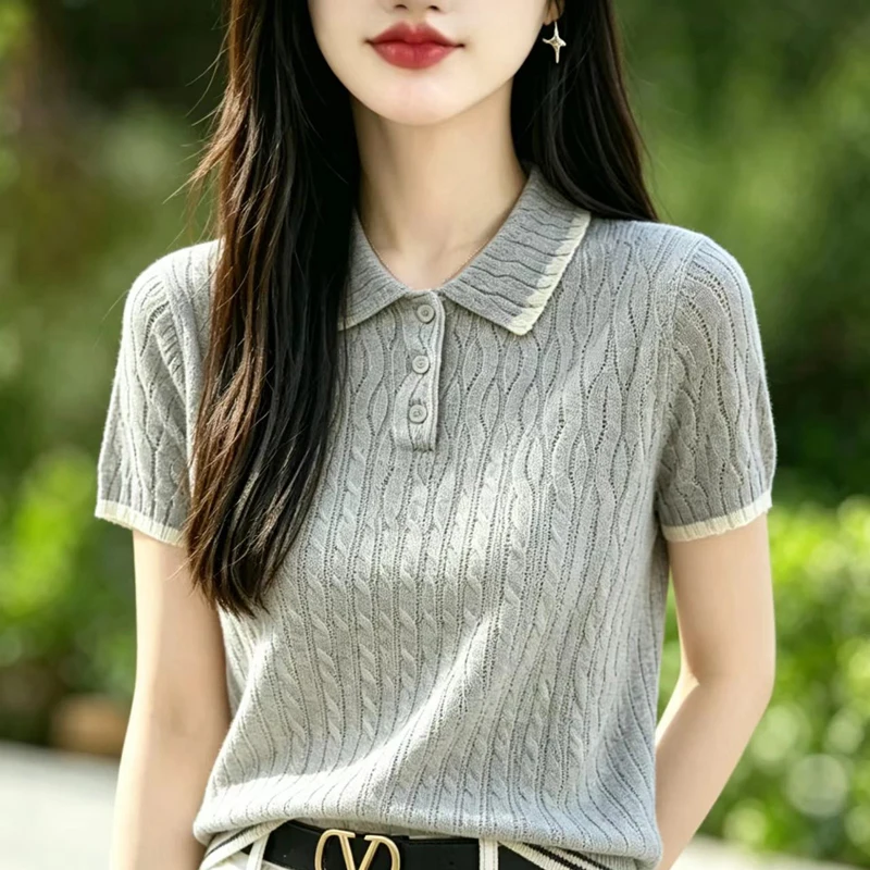 Women's POLO collar T-shirt summer Lyocell knitted short sleeved casual color blocked pullover loose top fashionable hot selling
Women's POLO collar T-shirt summer Lyocell knitted short sleeved casual color blocked pullover loose top fashionable hot selling