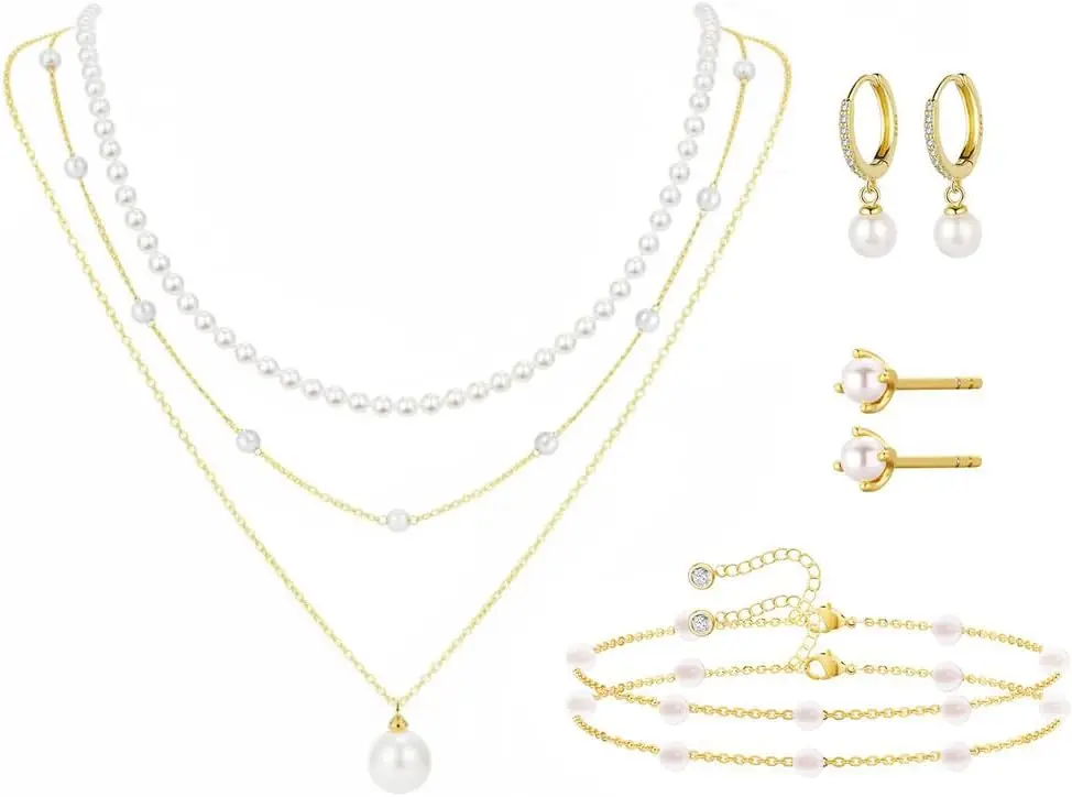 Dainty Pearls Choker Layered Necklace Stud Earring Link Bracelets Trendy Gold Wedding Bride Jewelry Set for Women
Dainty Pearls Choker Layered Necklace Stud Earring Link Bracelets Trendy Gold Wedding Bride Jewelry Set for Women