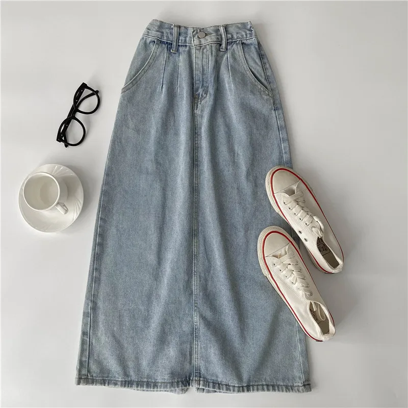 Women Denim Skirt Light Blue High Waist Elastic Slit Skirts Spring Autumn Korean Style Loose Mid-Length Pockets Jean Skirt
Women Denim Skirt Light Blue High Waist Elastic Slit Skirts Spring Autumn Korean Style Loose Mid-Length Pockets Jean Skirt
