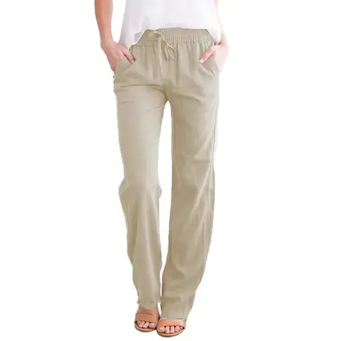 Women Cotton Linen Drawstring Pants Elastic Waist Casual Solid Color Trousers Baggy Loose Straight Leg Breathable Sweatpants