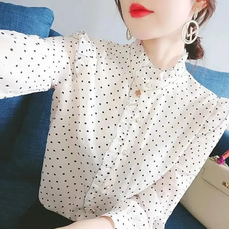 Elegant Stand Collar Printed Autumn Ruffles Polka Dot Chiffon Shirt Oversized Casual Women's Clothing Commute Blouses JJ95
Elegant Stand Collar Printed Autumn Ruffles Polka Dot Chiffon Shirt Oversized Casual Women's Clothing Commute Blouses JJ95