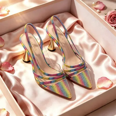 Women Slingback Pointed Toe High Heels Rainbow Rhinestone Crystal Pumps Elegant Cone Heel Shoes For Wedding Party Evening Dress