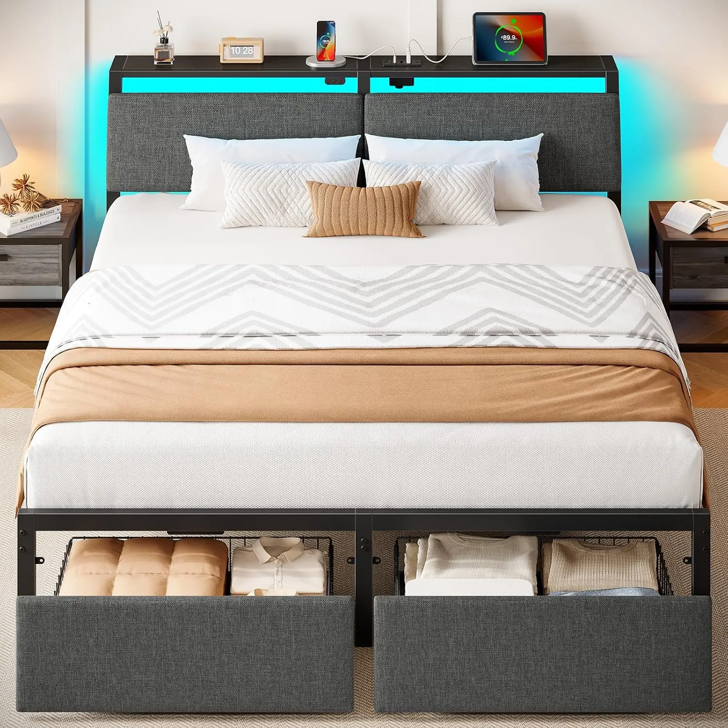 Queen Bed Frame with Ergonomic Headboard Storage & Charging Station, Upholstered Platform Bed with
Queen Bed Frame with Ergonomic Headboard Storage & Charging Station, Upholstered Platform Bed with