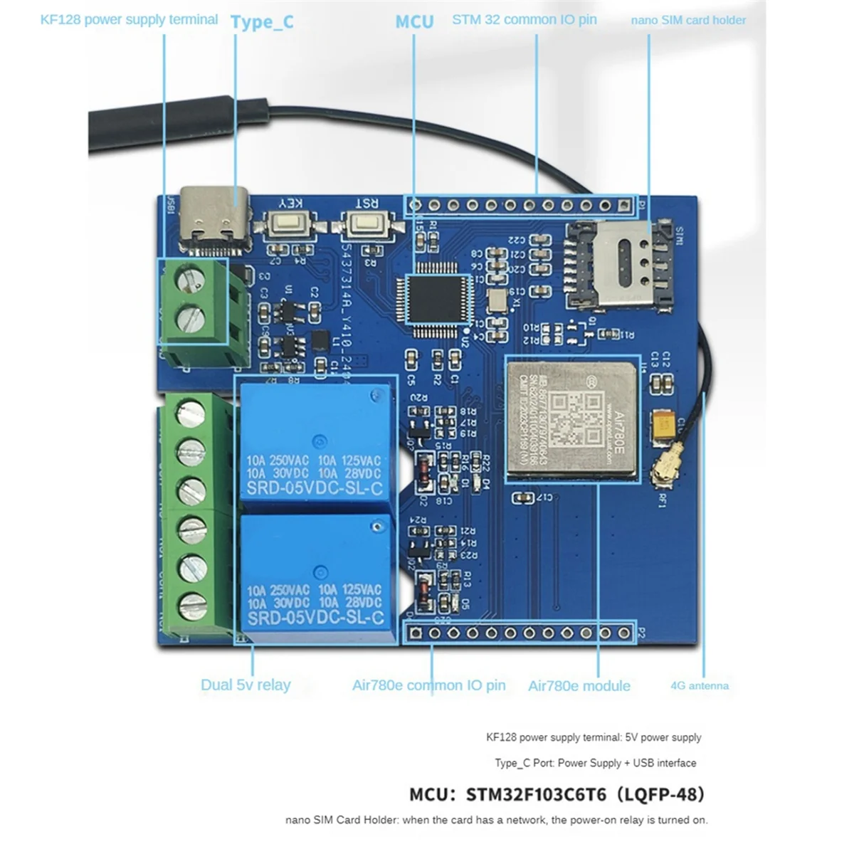Прочный DC 5 В STM32 4G сетевой двухсторонний релейный релей, макетная плата, встроенный модуль AIR780E, порт ввода-вывода, плата разработки STM32
Прочный DC 5 В STM32 4G сетевой двухсторонний релейный релей, макетная плата, встроенный модуль AIR780E, порт ввода-вывода, плата разработки STM32