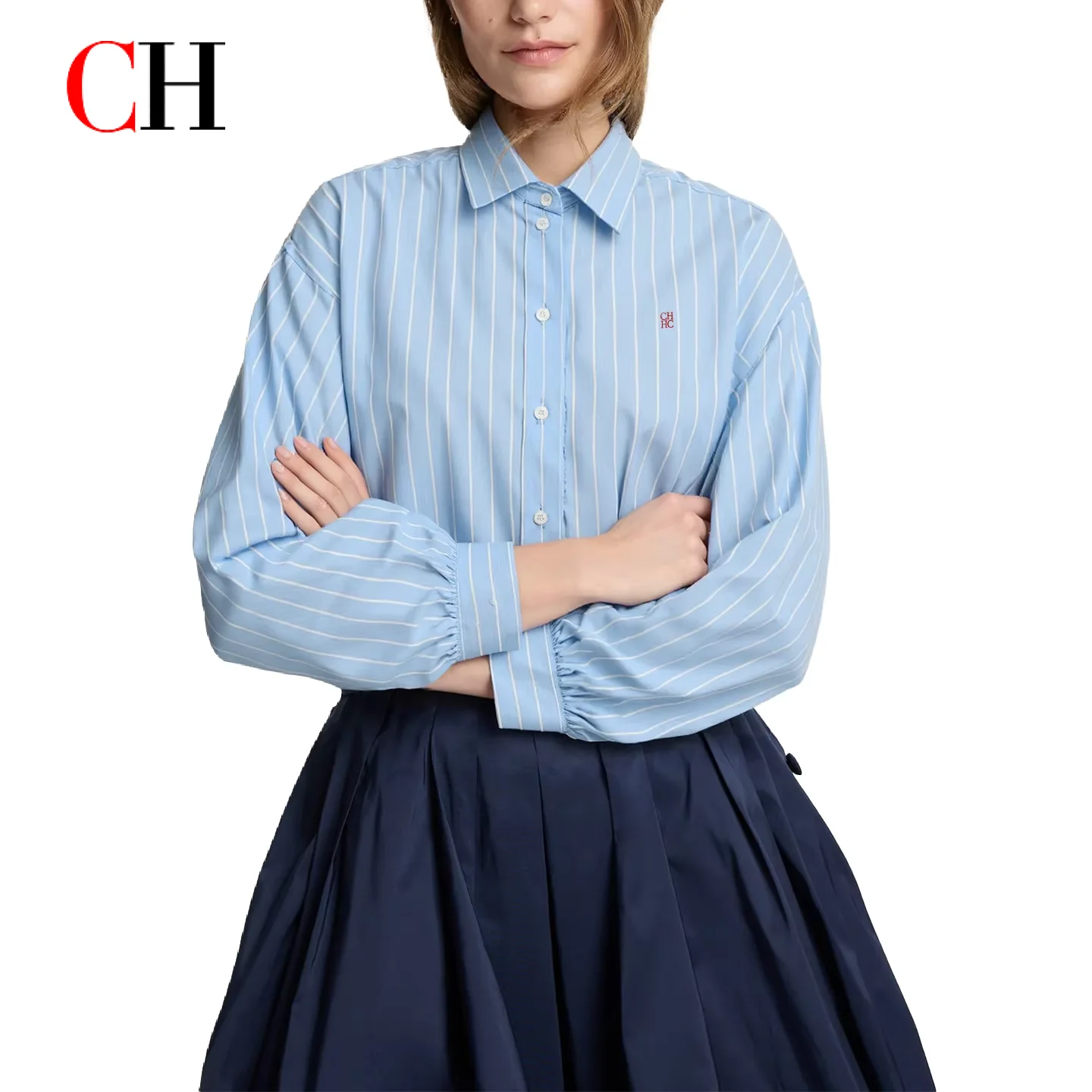 CH Logo Embroidered Striped Long Sleeve Shirt Women Point Collar Balloon Sleeve Loose Fit All Match Casual Tops
CH Logo Embroidered Striped Long Sleeve Shirt Women Point Collar Balloon Sleeve Loose Fit All Match Casual Tops