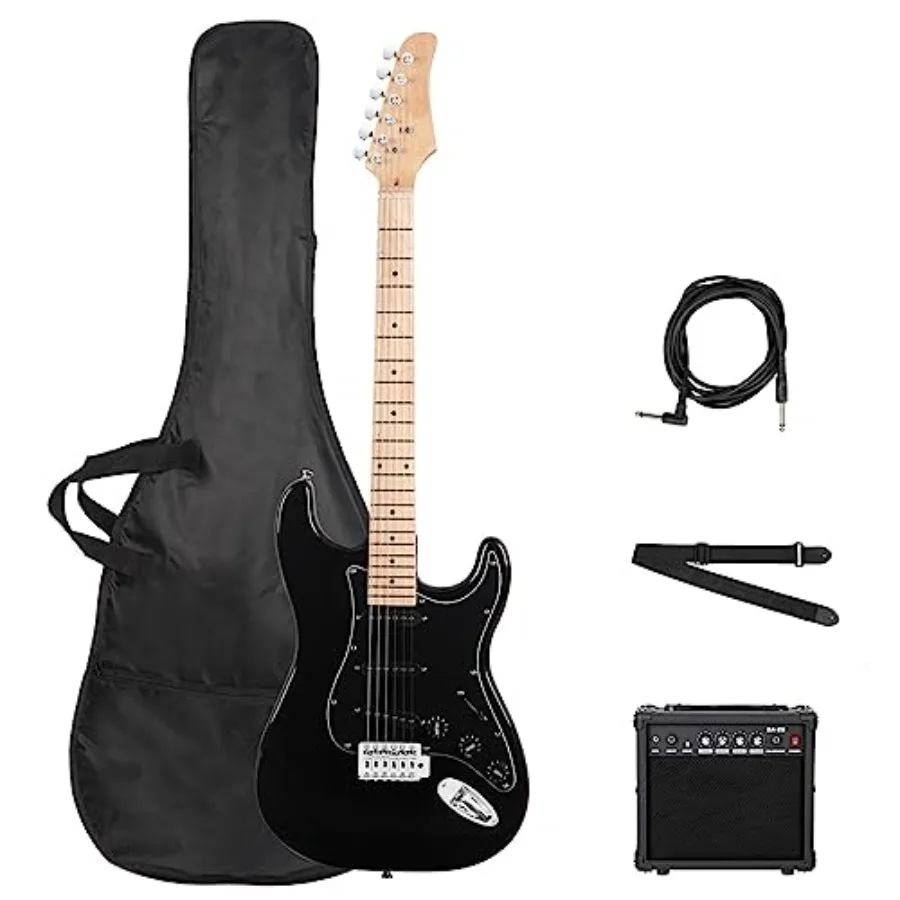 Beginner electric guitar kit: 39-inch full-size 6-string with SSS pickups, black finish, includes amp, strap, plectrum, gig bag
Beginner electric guitar kit: 39-inch full-size 6-string with SSS pickups, black finish, includes amp, strap, plectrum, gig bag