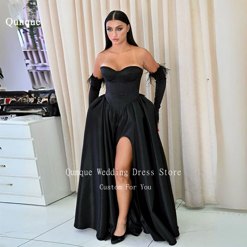 Qunque Sexy Satin A Line Prom Dress Black Sweetheart Leg Slit Party Evening Gown Detachable Sleeves With Feathers Robe De Mariée
Qunque Sexy Satin A Line Prom Dress Black Sweetheart Leg Slit Party Evening Gown Detachable Sleeves With Feathers Robe De Mariée